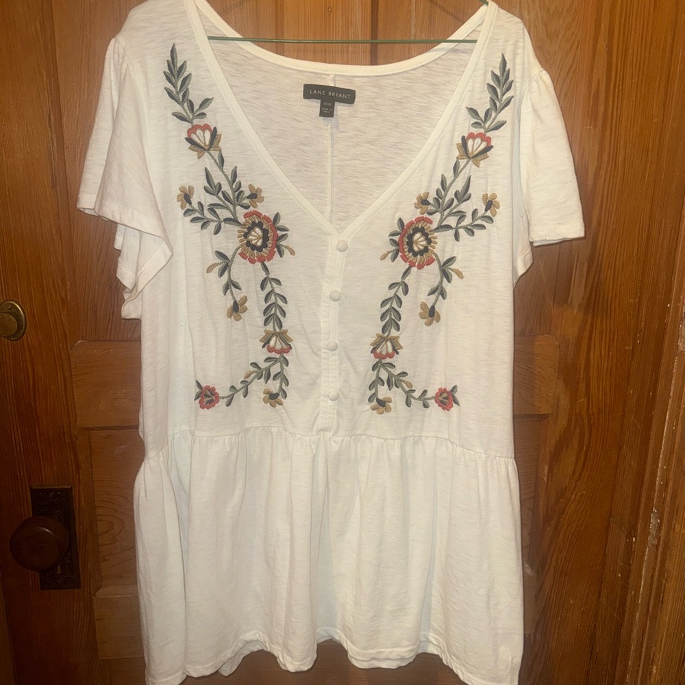 Lane Bryant White Floral Embroidered Blouse